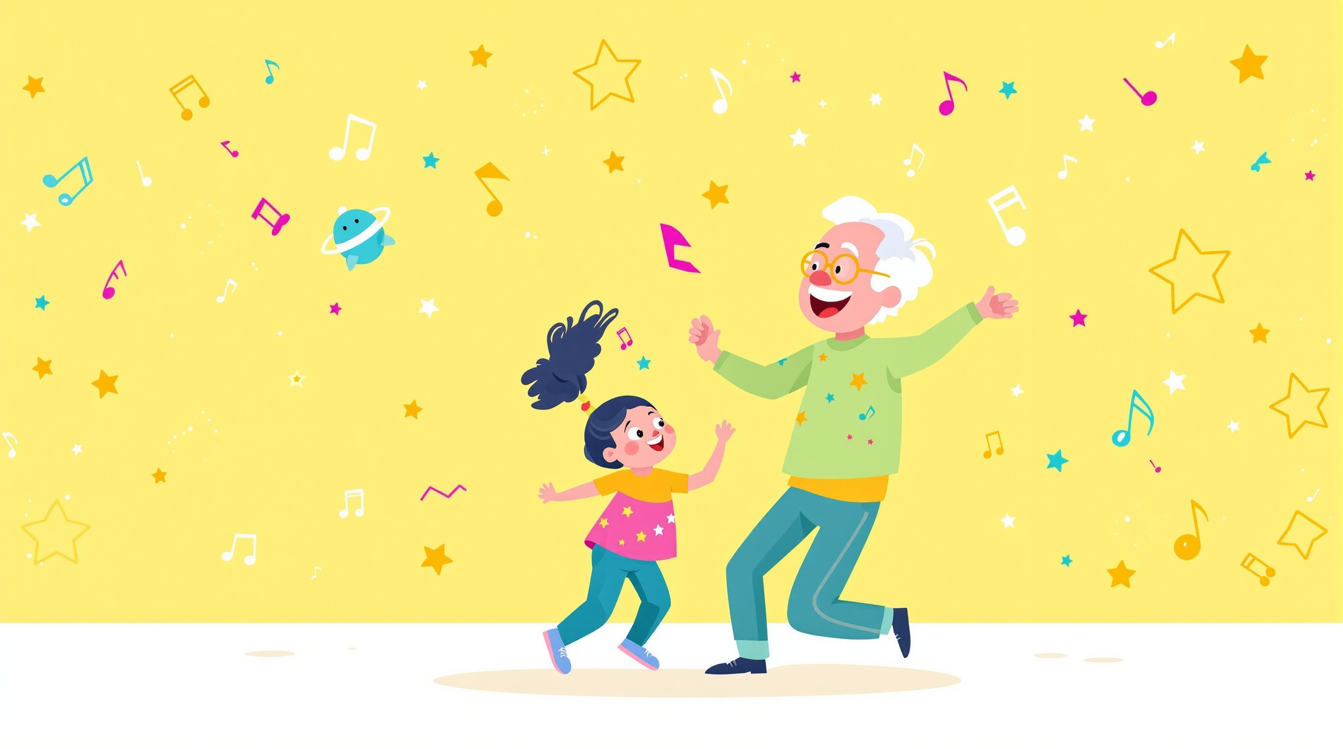 Grandparent and grandchild dancing joyfully with musical notes and stars