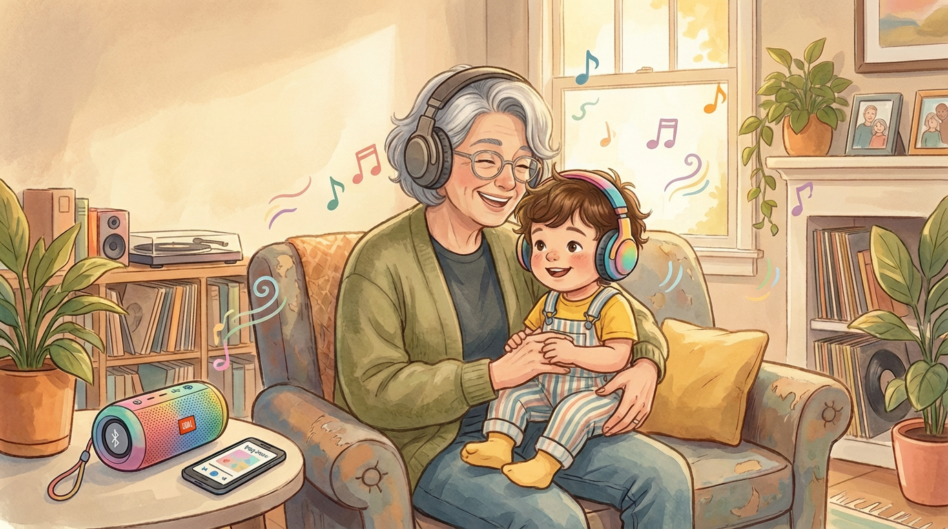 Grandmother and grandchild sharing headphones and listening to music in a cozy watercolor illustration